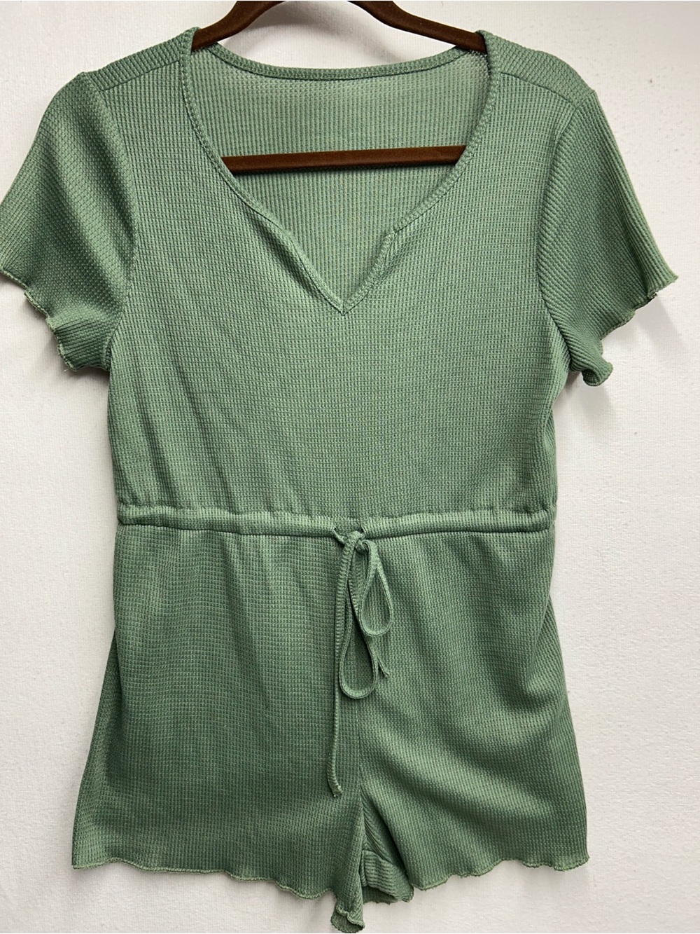 Sage Green Ribbed Crop Romper with Drawstring Waist